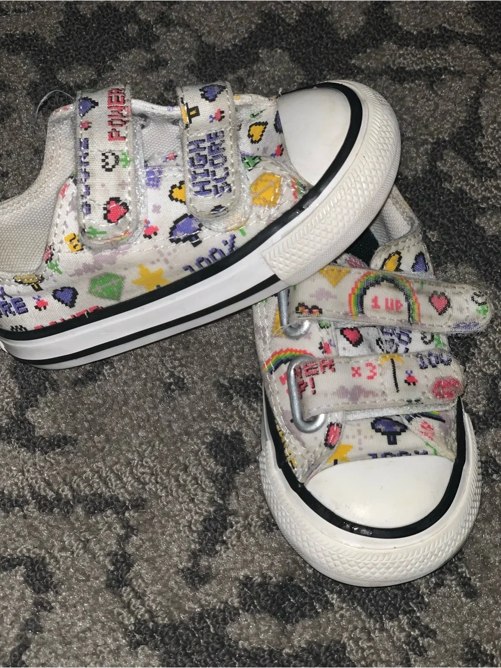 Kids White Canvas Velcro Sneakers with Colorful Pixel Graphics